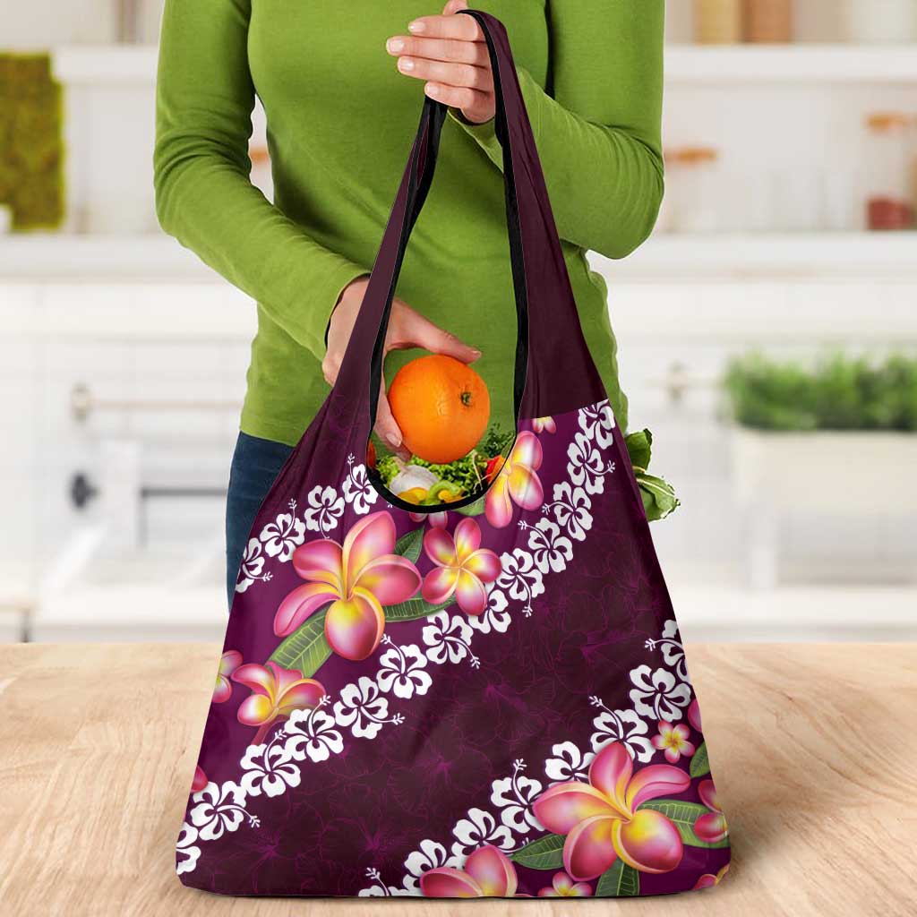 Pink Polynesia Grocery Bag Plumeria With Hibiscus Pattern Tropical Vibes