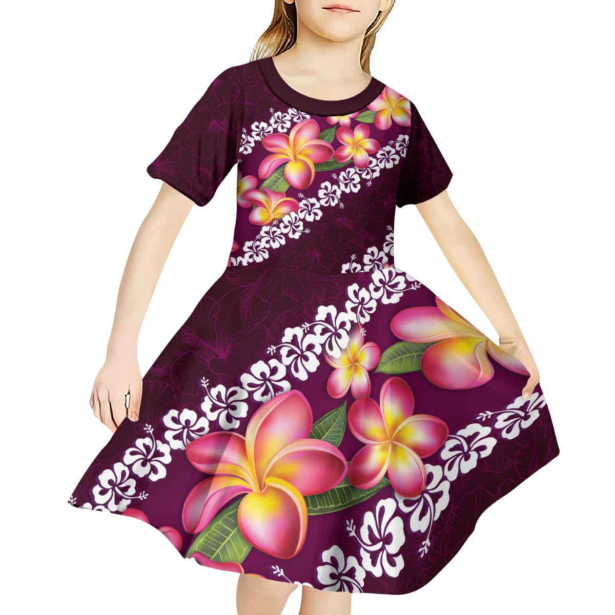 Pink Polynesia Kid Short Sleeve Dress Plumeria With Hibiscus Pattern Tropical Vibes