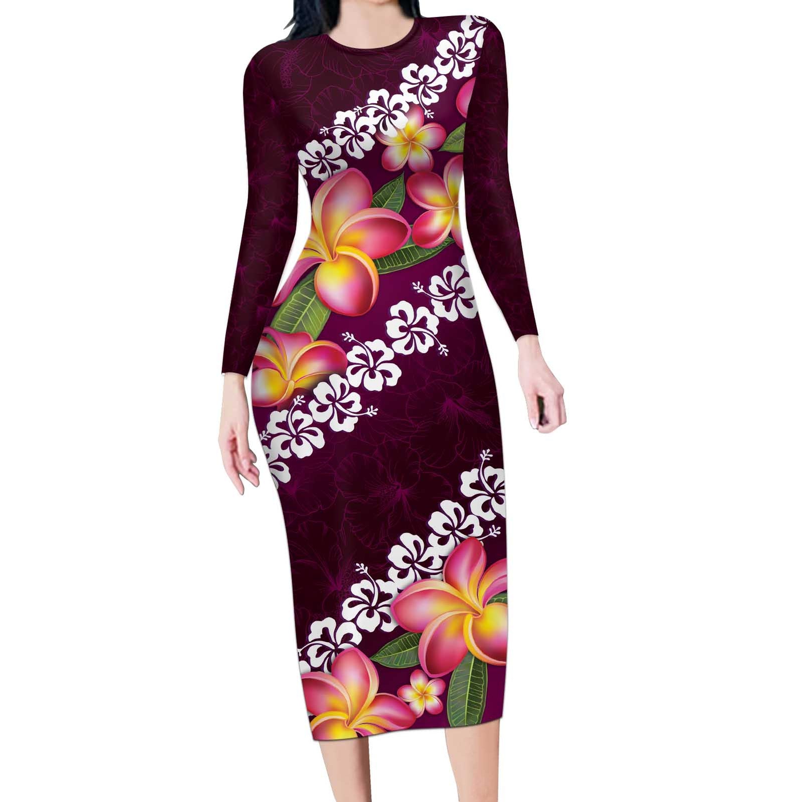 Pink Polynesia Long Sleeve Bodycon Dress Plumeria With Hibiscus Pattern Tropical Vibes LT14 Long Dress Pink - Polynesian Pride