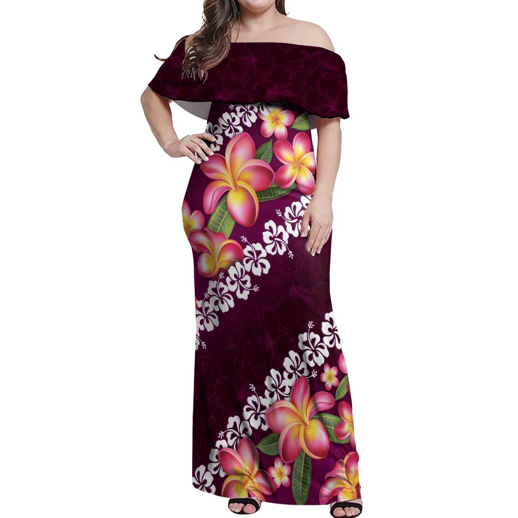 Pink Polynesia Off Shoulder Maxi Dress Plumeria With Hibiscus Pattern Tropical Vibes