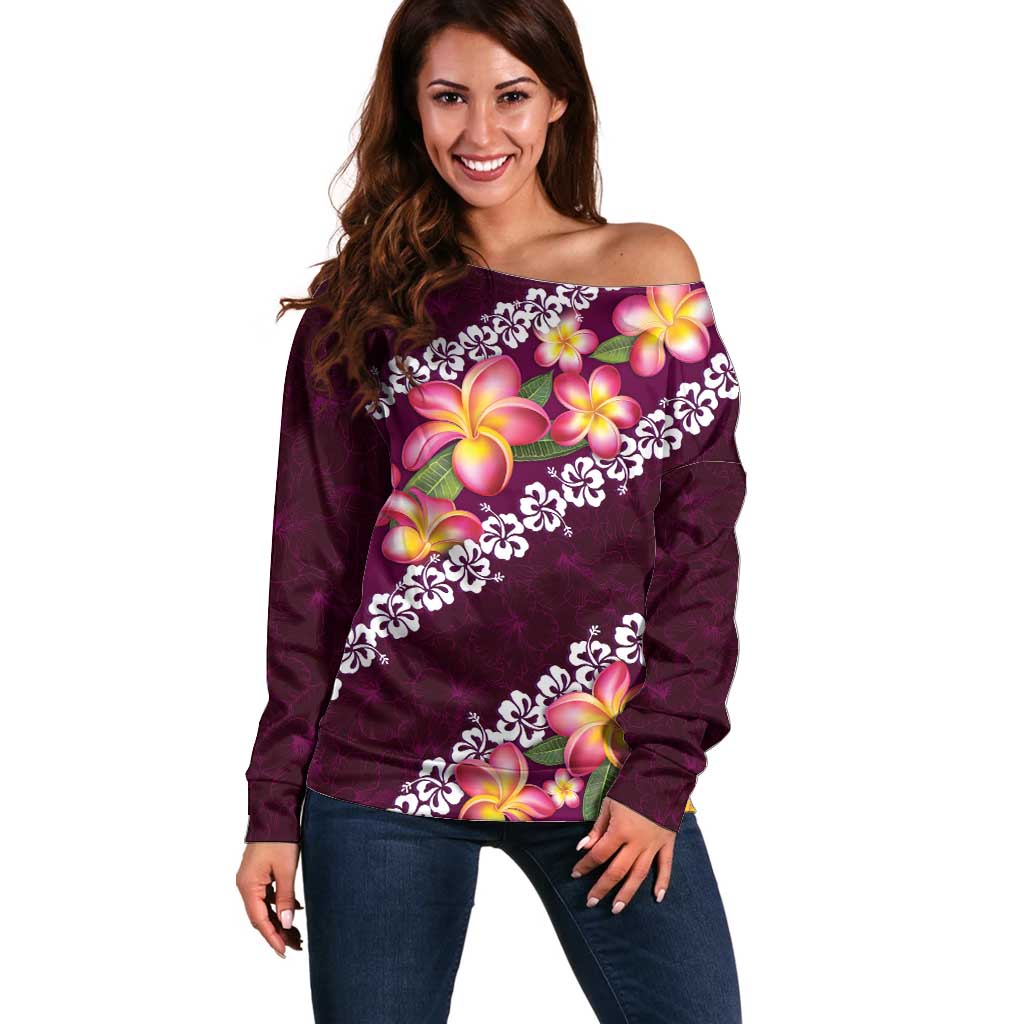 Pink Polynesia Off Shoulder Sweater Plumeria With Hibiscus Pattern Tropical Vibes LT14 Women Pink - Polynesian Pride