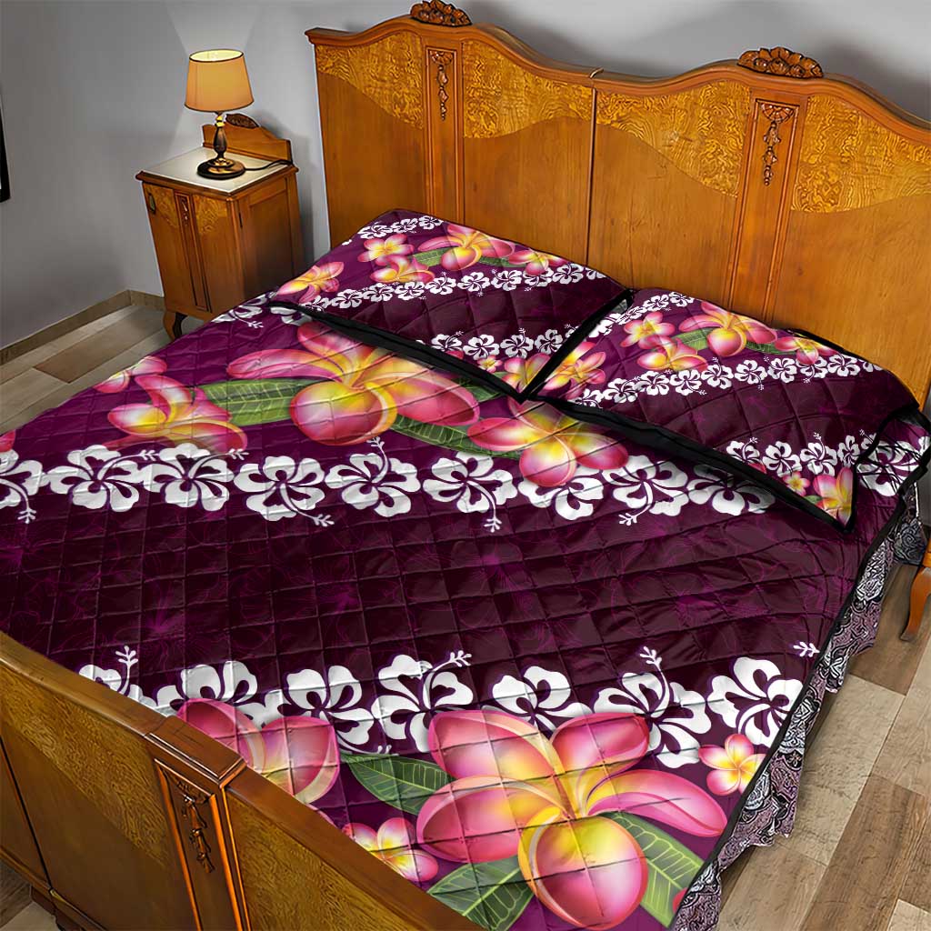 Pink Polynesia Quilt Bed Set Plumeria With Hibiscus Pattern Tropical Vibes