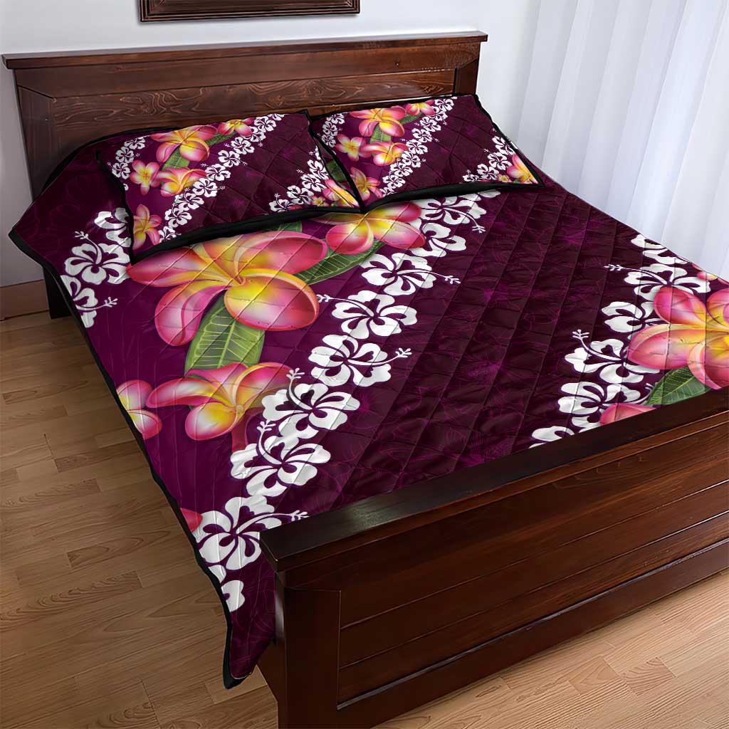 Pink Polynesia Quilt Bed Set Plumeria With Hibiscus Pattern Tropical Vibes