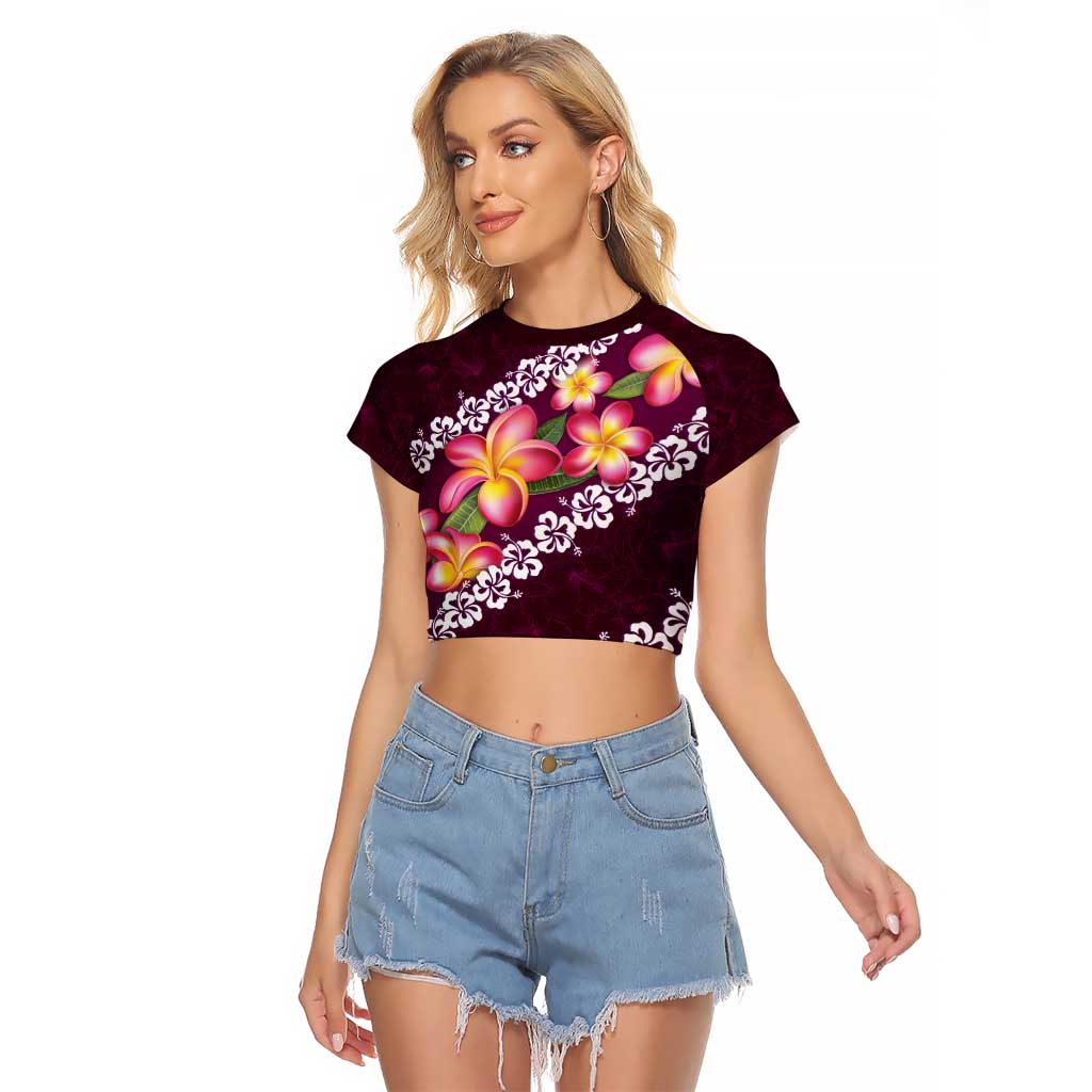 Pink Polynesia Raglan Cropped T Shirt Plumeria With Hibiscus Pattern Tropical Vibes