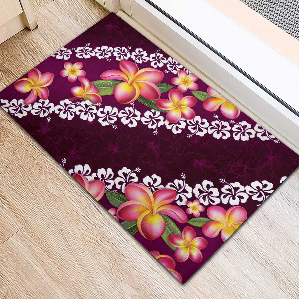 Pink Polynesia Rubber Doormat Plumeria With Hibiscus Pattern Tropical Vibes