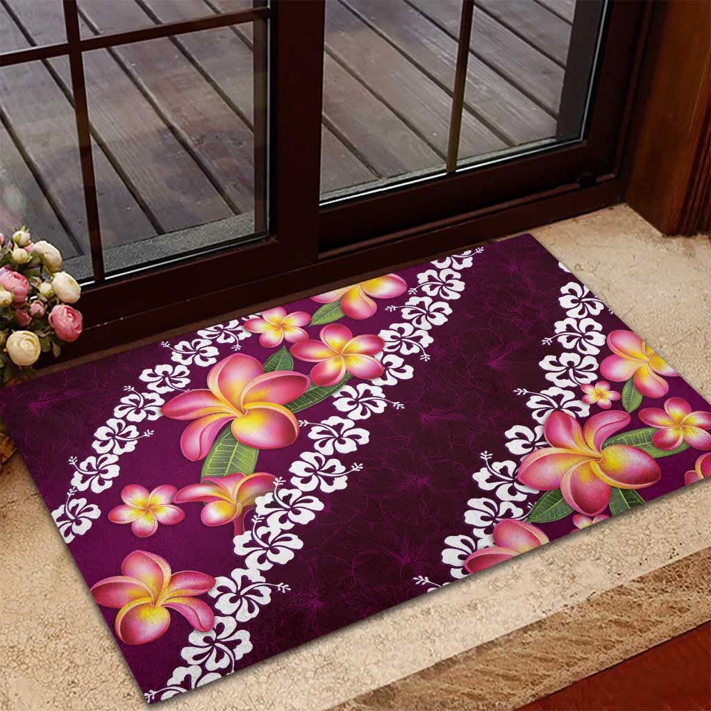 Pink Polynesia Rubber Doormat Plumeria With Hibiscus Pattern Tropical Vibes