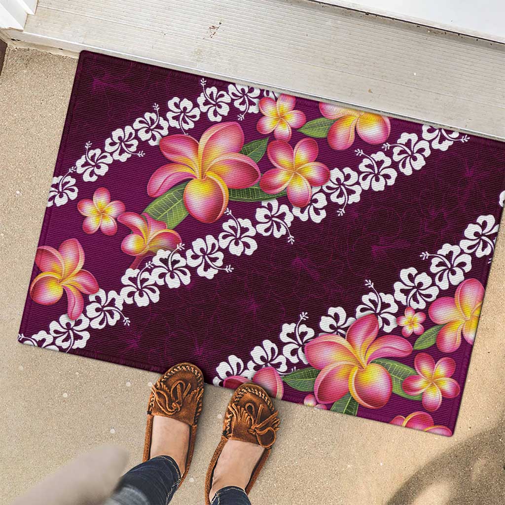Pink Polynesia Rubber Doormat Plumeria With Hibiscus Pattern Tropical Vibes