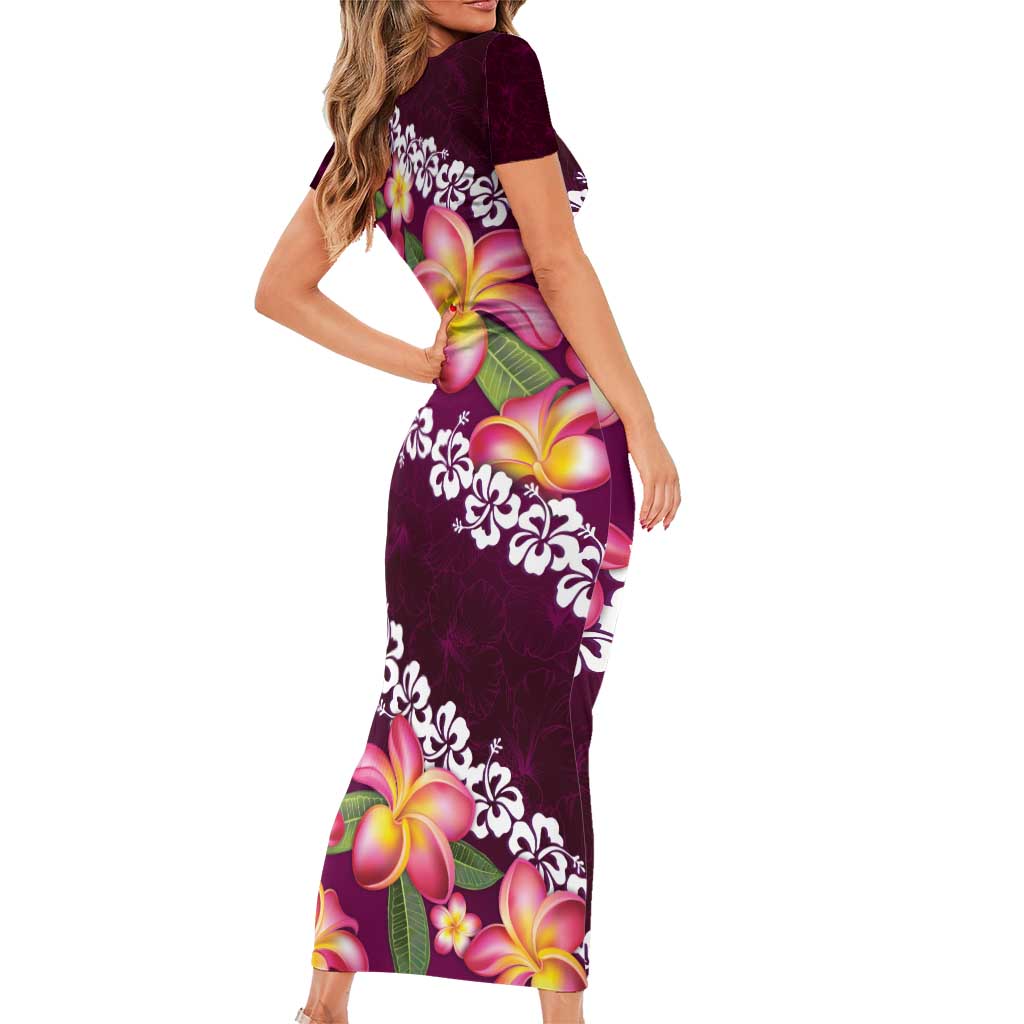 Pink Polynesia Short Sleeve Bodycon Dress Plumeria With Hibiscus Pattern Tropical Vibes