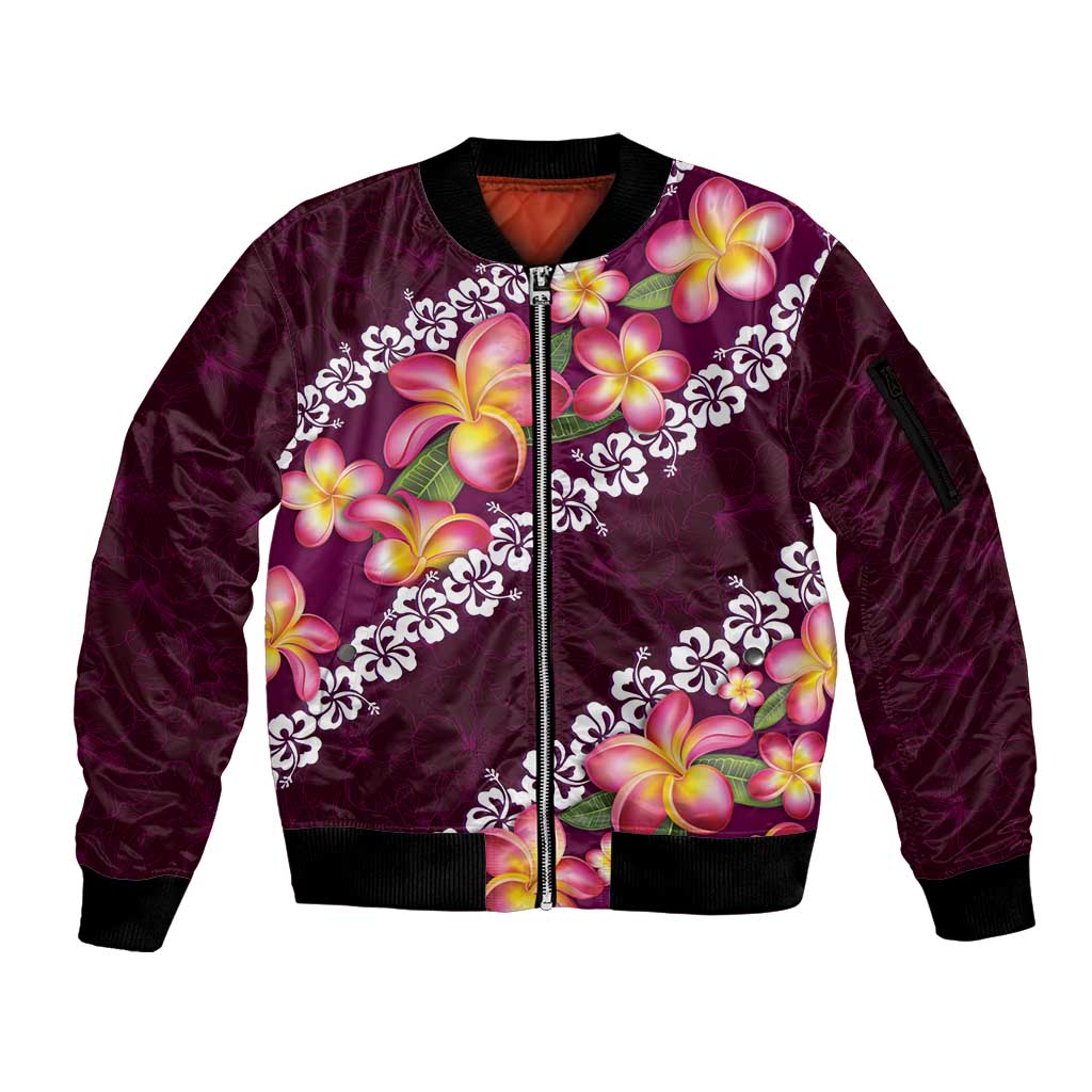 Pink Polynesia Sleeve Zip Bomber Jacket Plumeria With Hibiscus Pattern Tropical Vibes LT14 Unisex Pink - Polynesian Pride