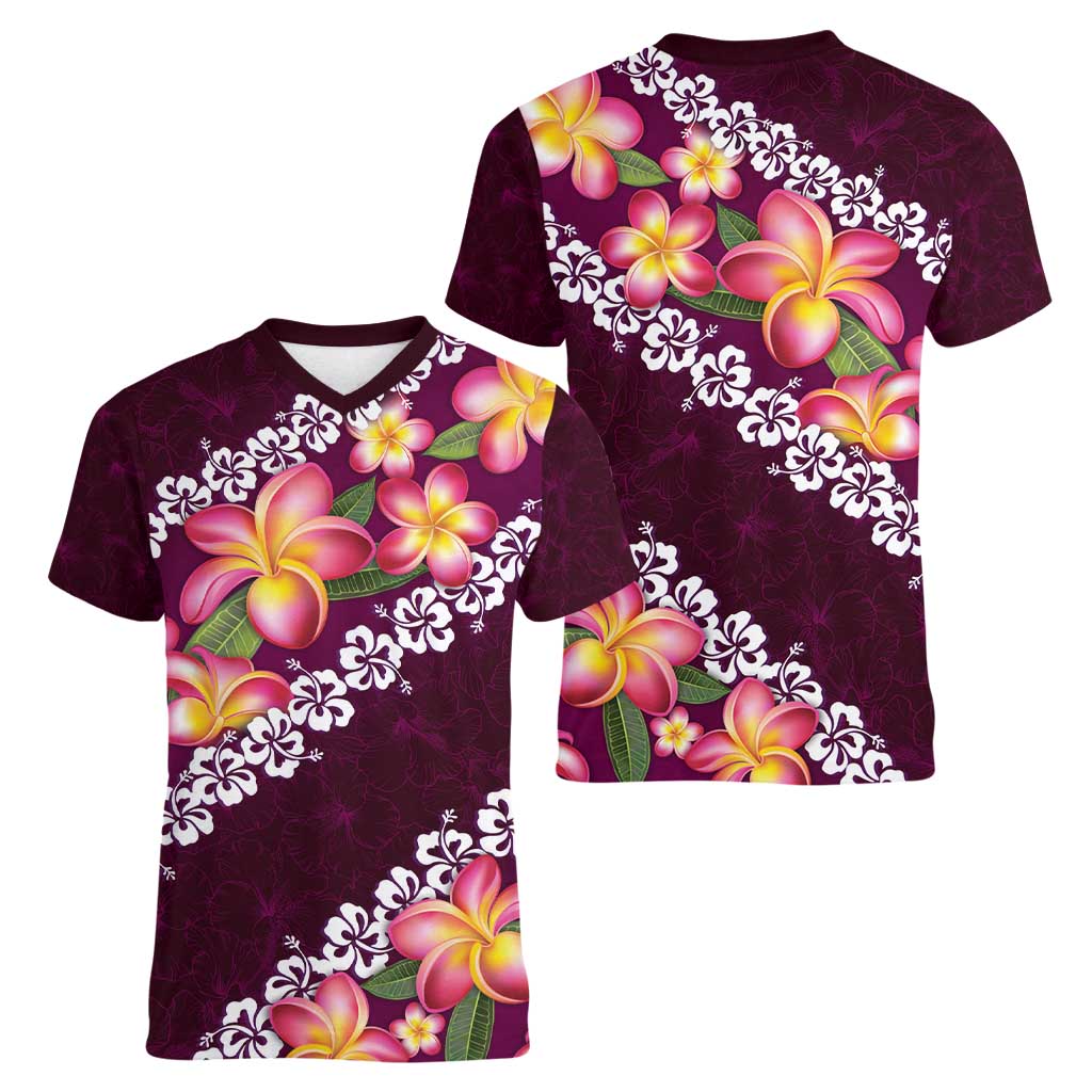 Pink Polynesia Women V-Neck T-Shirt Plumeria With Hibiscus Pattern Tropical Vibes