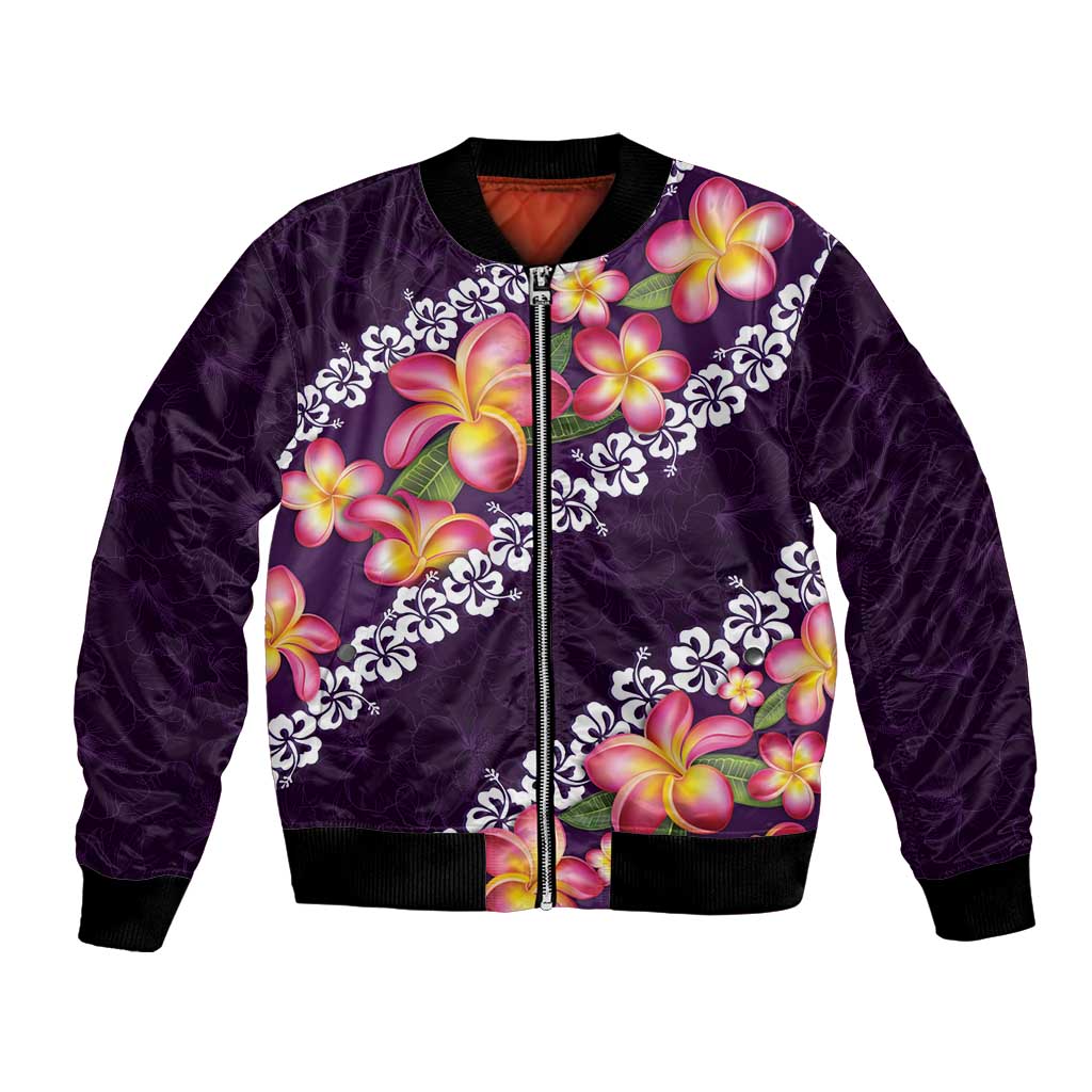 Purple Polynesia Bomber Jacket Plumeria With Hibiscus Pattern Tropical Vibes LT14 Unisex Purple - Polynesian Pride