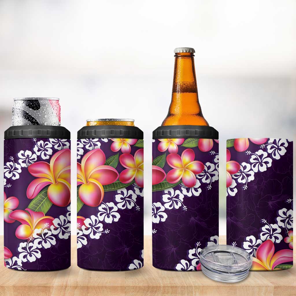 Purple Polynesia 4 in 1 Can Cooler Tumbler Plumeria With Hibiscus Pattern Tropical Vibes