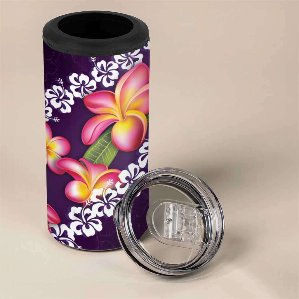 Purple Polynesia 4 in 1 Can Cooler Tumbler Plumeria With Hibiscus Pattern Tropical Vibes