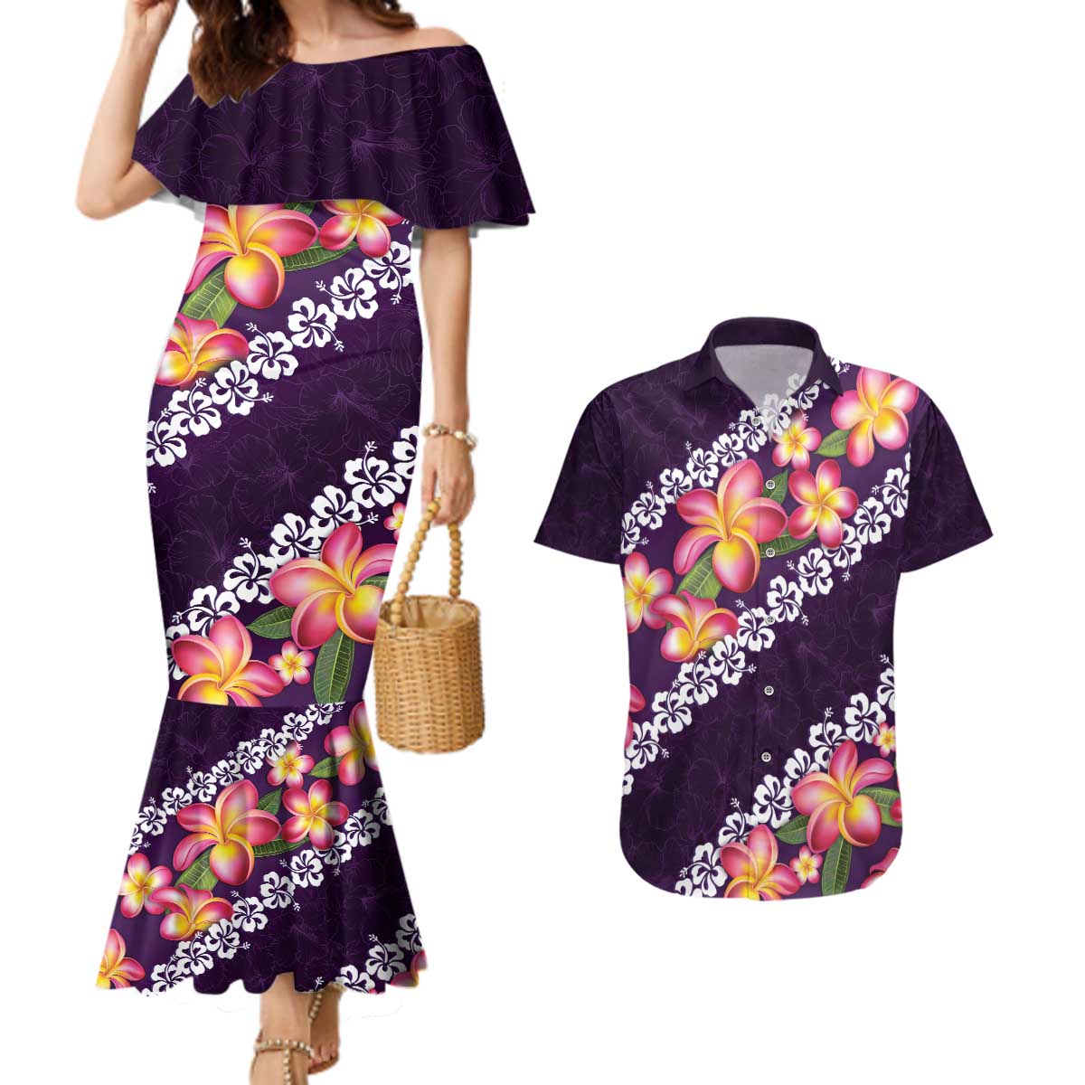 Purple Polynesia Couples Matching Mermaid Dress and Hawaiian Shirt Plumeria With Hibiscus Pattern Tropical Vibes LT14 Purple - Polynesian Pride