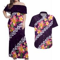 Purple Polynesia Couples Matching Off Shoulder Maxi Dress and Hawaiian Shirt Plumeria With Hibiscus Pattern Tropical Vibes