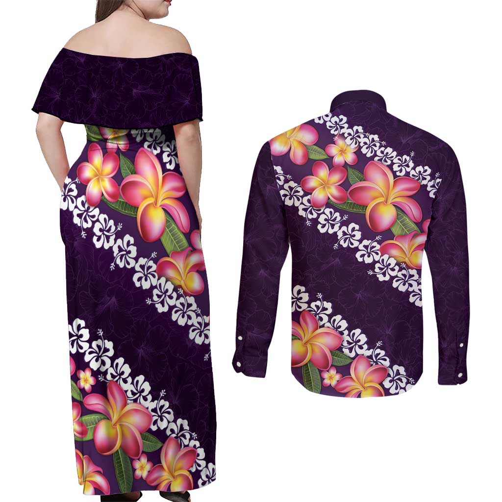 Purple Polynesia Couples Matching Off Shoulder Maxi Dress and Long Sleeve Button Shirt Plumeria With Hibiscus Pattern Tropical Vibes
