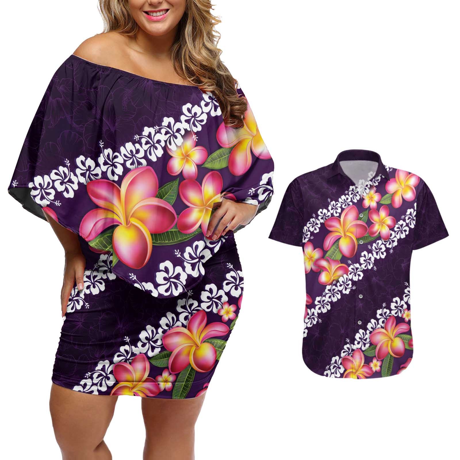 Purple Polynesia Couples Matching Off Shoulder Short Dress and Hawaiian Shirt Plumeria With Hibiscus Pattern Tropical Vibes LT14 Purple - Polynesian Pride