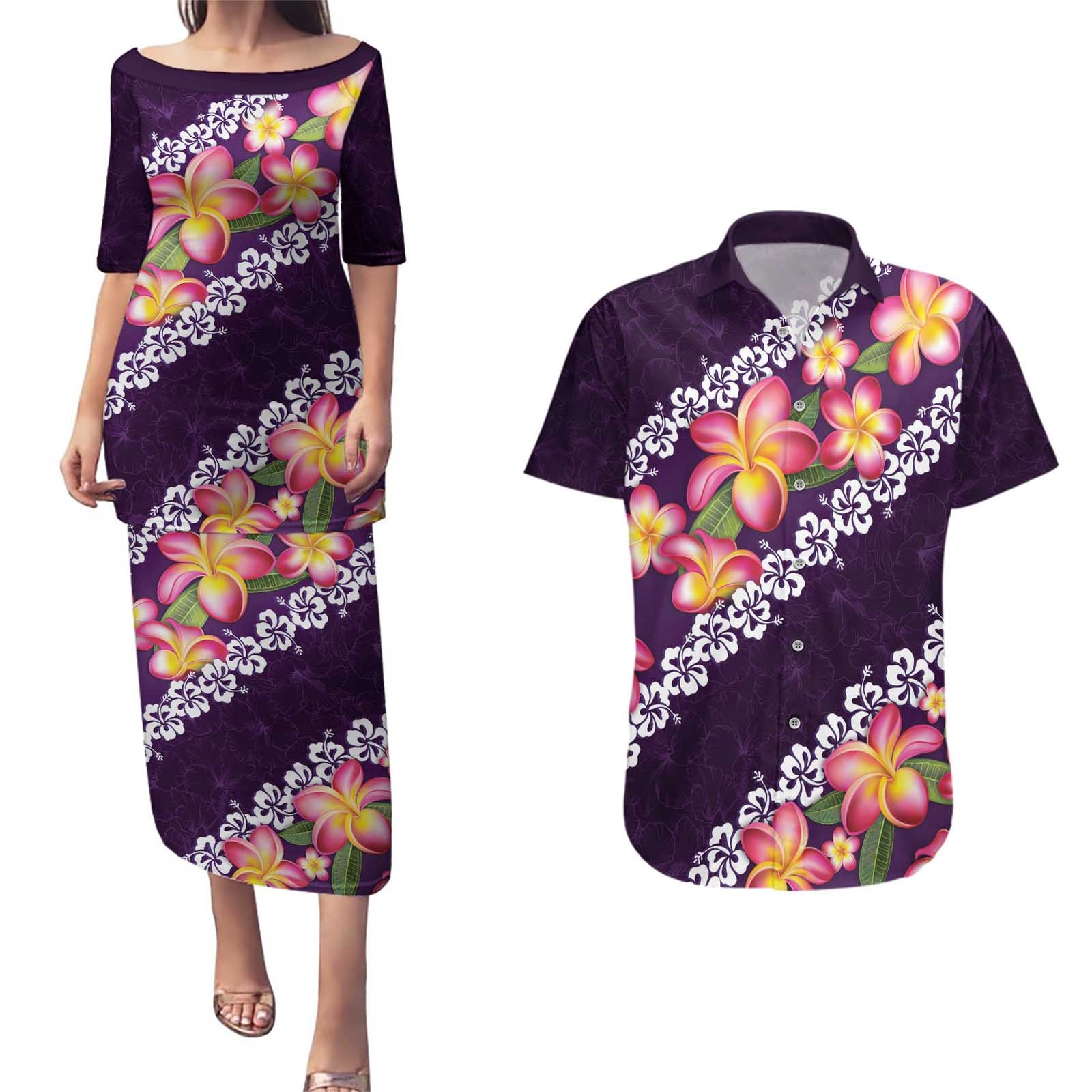 Purple Polynesia Couples Matching Puletasi and Hawaiian Shirt Plumeria With Hibiscus Pattern Tropical Vibes LT14 Purple - Polynesian Pride