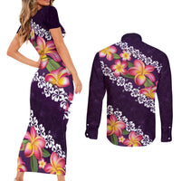 Purple Polynesia Couples Matching Short Sleeve Bodycon Dress and Long Sleeve Button Shirt Plumeria With Hibiscus Pattern Tropical Vibes