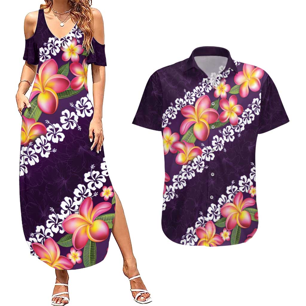 Purple Polynesia Couples Matching Summer Maxi Dress and Hawaiian Shirt Plumeria With Hibiscus Pattern Tropical Vibes LT14 Purple - Polynesian Pride