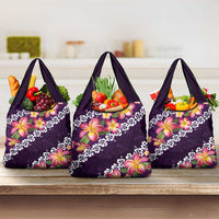Purple Polynesia Grocery Bag Plumeria With Hibiscus Pattern Tropical Vibes
