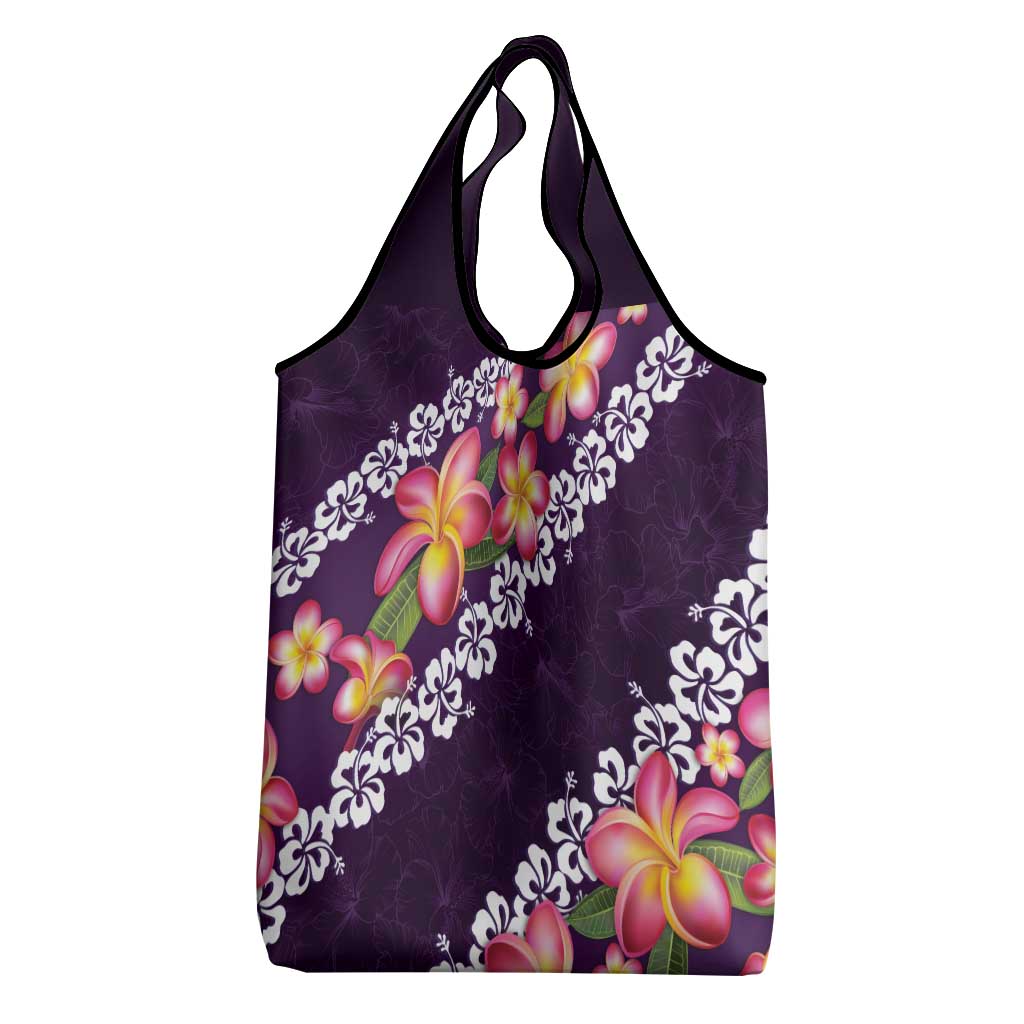 Purple Polynesia Grocery Bag Plumeria With Hibiscus Pattern Tropical Vibes