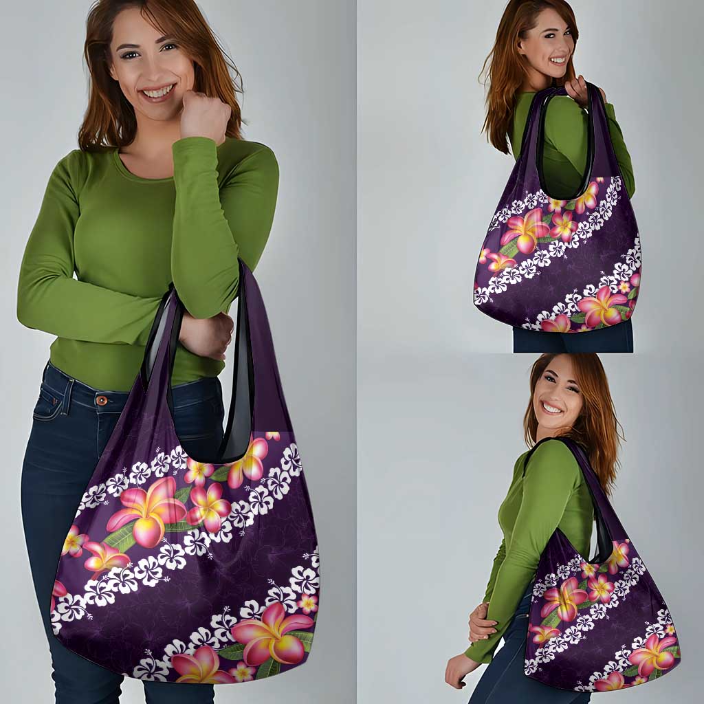 Purple Polynesia Grocery Bag Plumeria With Hibiscus Pattern Tropical Vibes