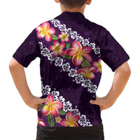 Purple Polynesia Kid Hawaiian Shirt Plumeria With Hibiscus Pattern Tropical Vibes