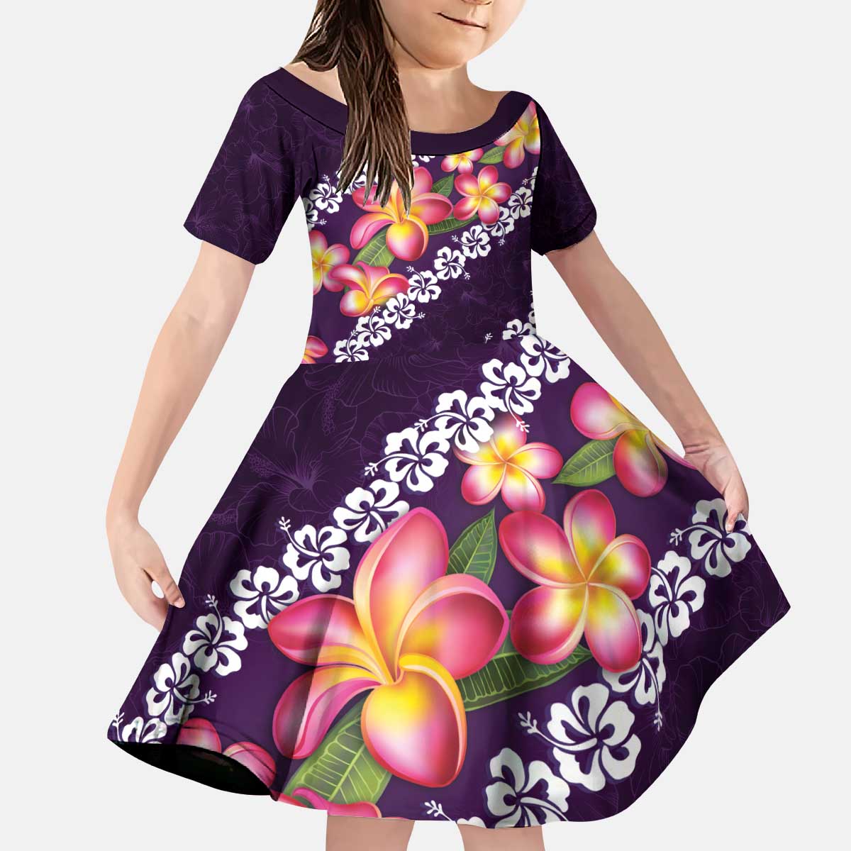 Purple Polynesia Kid Short Sleeve Dress Plumeria With Hibiscus Pattern Tropical Vibes