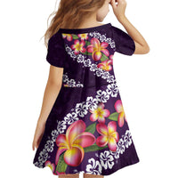 Purple Polynesia Kid Short Sleeve Dress Plumeria With Hibiscus Pattern Tropical Vibes