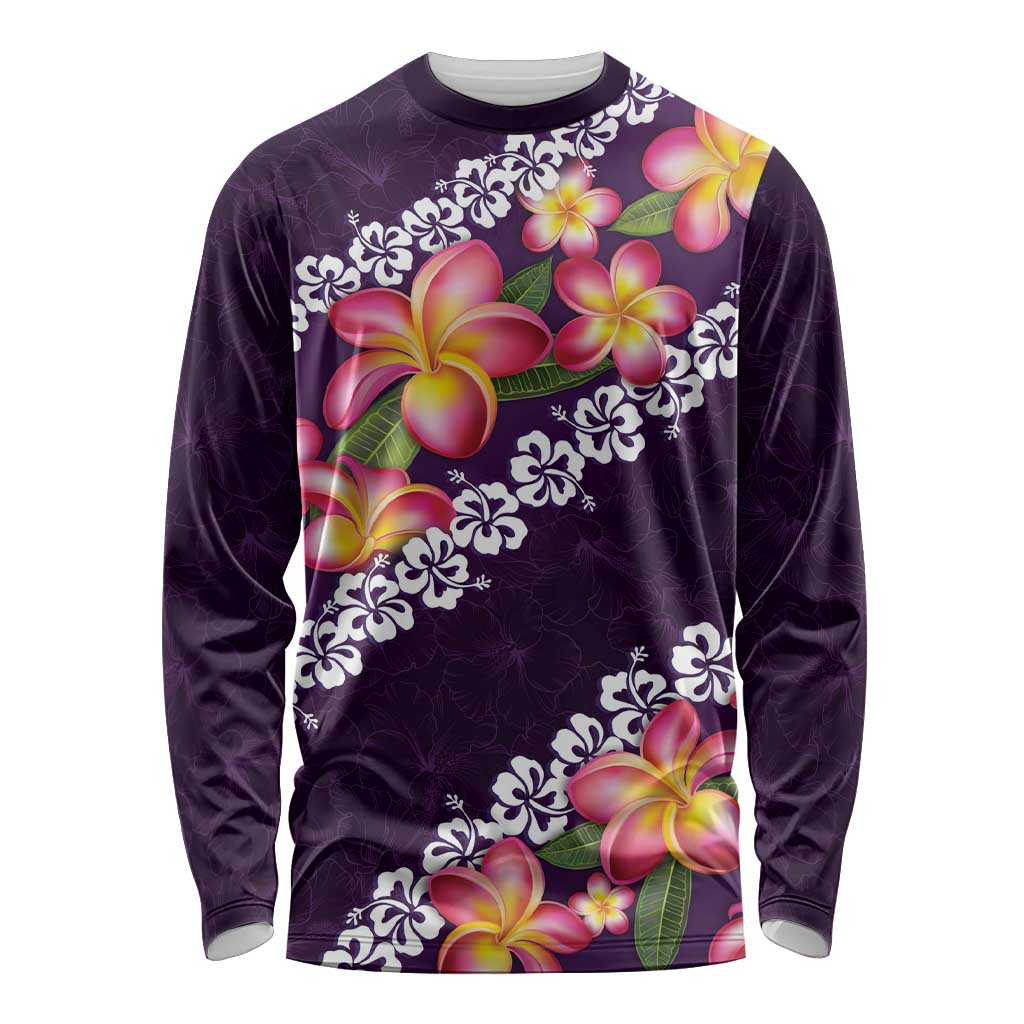 Purple Polynesia Long Sleeve Shirt Plumeria With Hibiscus Pattern Tropical Vibes LT14 Unisex Purple - Polynesian Pride