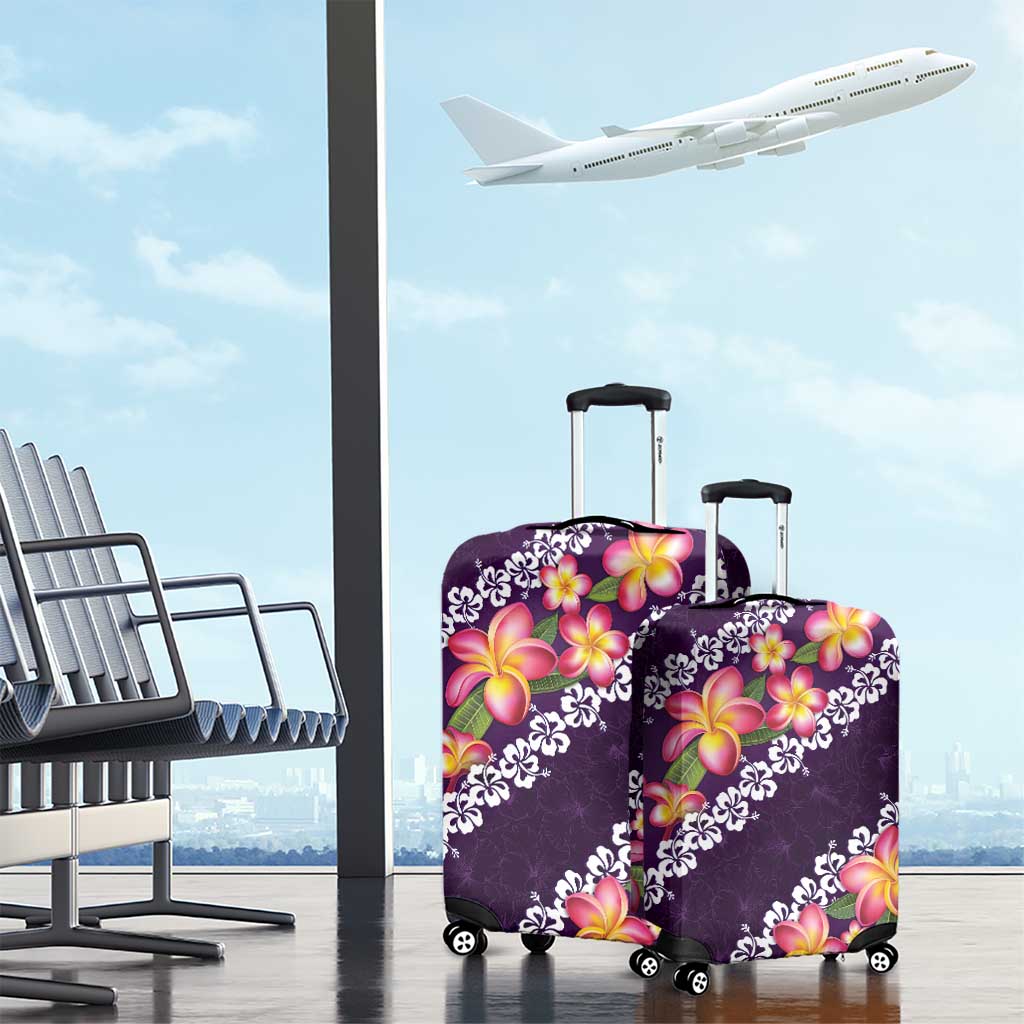 Purple Polynesia Luggage Cover Plumeria With Hibiscus Pattern Tropical Vibes