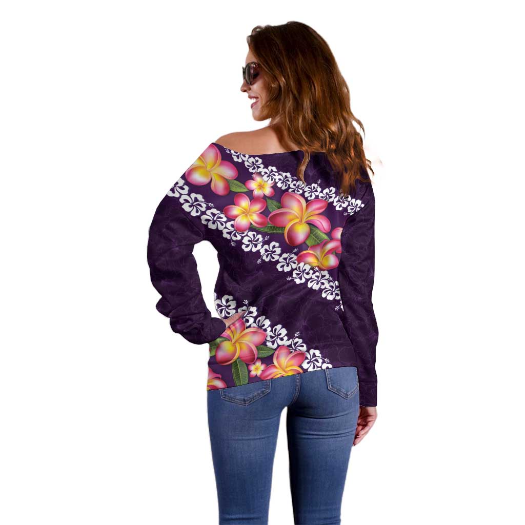 Purple Polynesia Off Shoulder Sweater Plumeria With Hibiscus Pattern Tropical Vibes