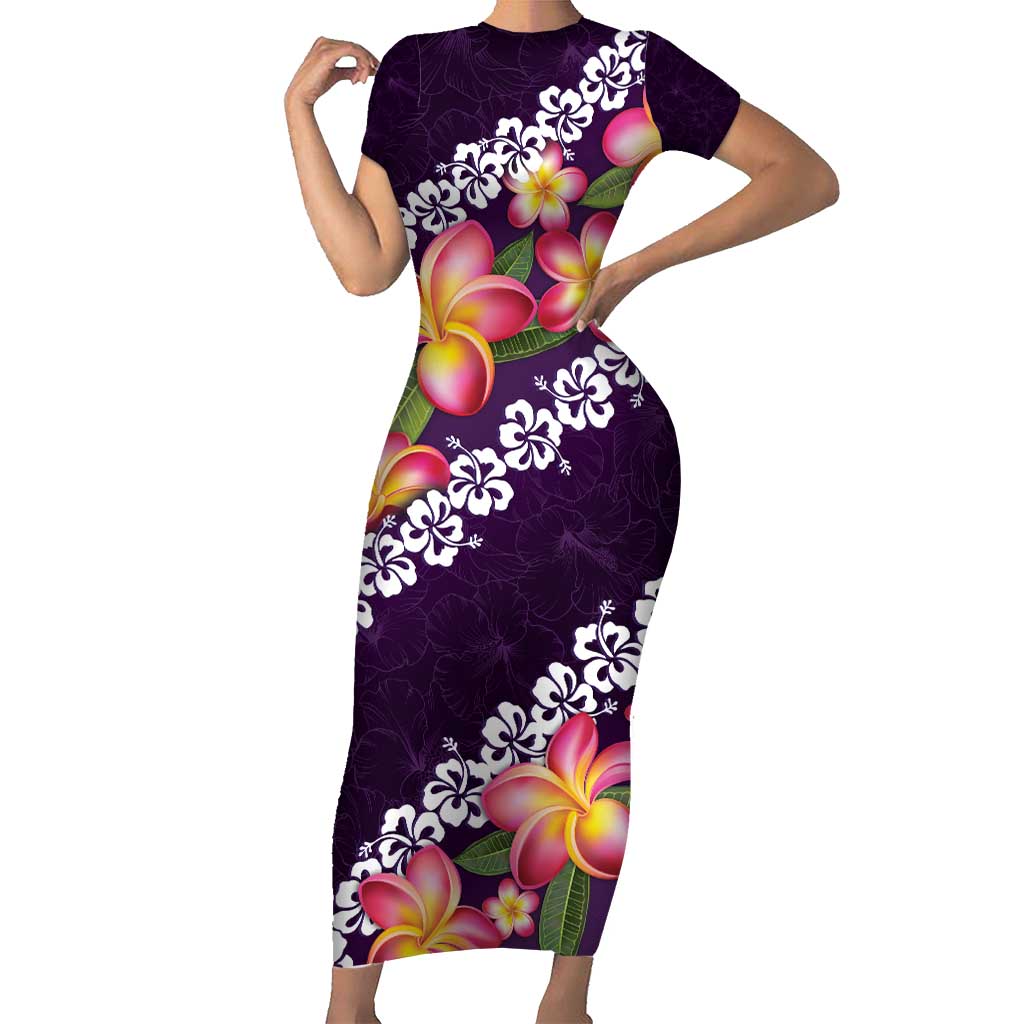 Purple Polynesia Short Sleeve Bodycon Dress Plumeria With Hibiscus Pattern Tropical Vibes LT14 Long Dress Purple - Polynesian Pride