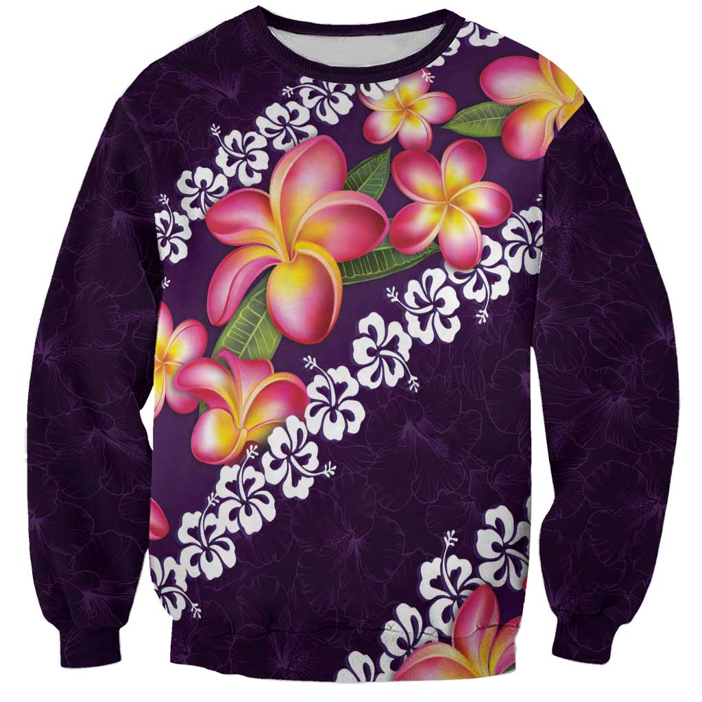 Purple Polynesia Sweatshirt Plumeria With Hibiscus Pattern Tropical Vibes