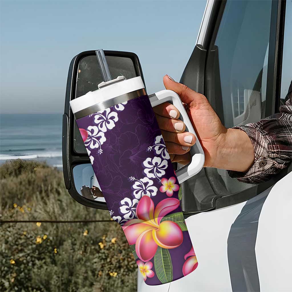 Purple Polynesia Tumbler With Handle Plumeria With Hibiscus Pattern Tropical Vibes