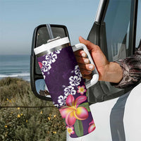 Purple Polynesia Tumbler With Handle Plumeria With Hibiscus Pattern Tropical Vibes