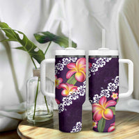 Purple Polynesia Tumbler With Handle Plumeria With Hibiscus Pattern Tropical Vibes
