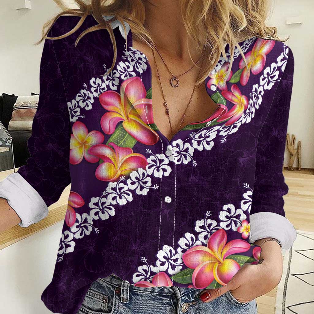 Purple Polynesia Women Casual Shirt Plumeria With Hibiscus Pattern Tropical Vibes