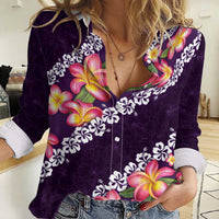 Purple Polynesia Women Casual Shirt Plumeria With Hibiscus Pattern Tropical Vibes