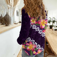 Purple Polynesia Women Casual Shirt Plumeria With Hibiscus Pattern Tropical Vibes