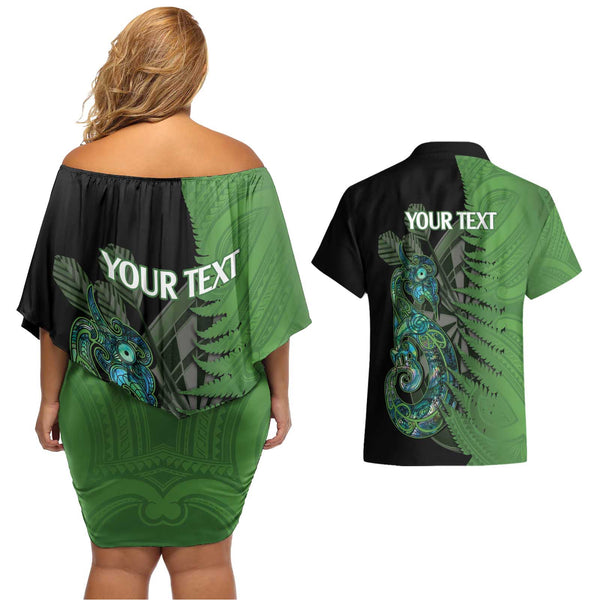 Personalised New Zealand Couples Off Shoulder Short Dress and Hawaiian Shirt Aotearoa Silver Fern With Manaia Maori Unique Blue LT14 main image 1
