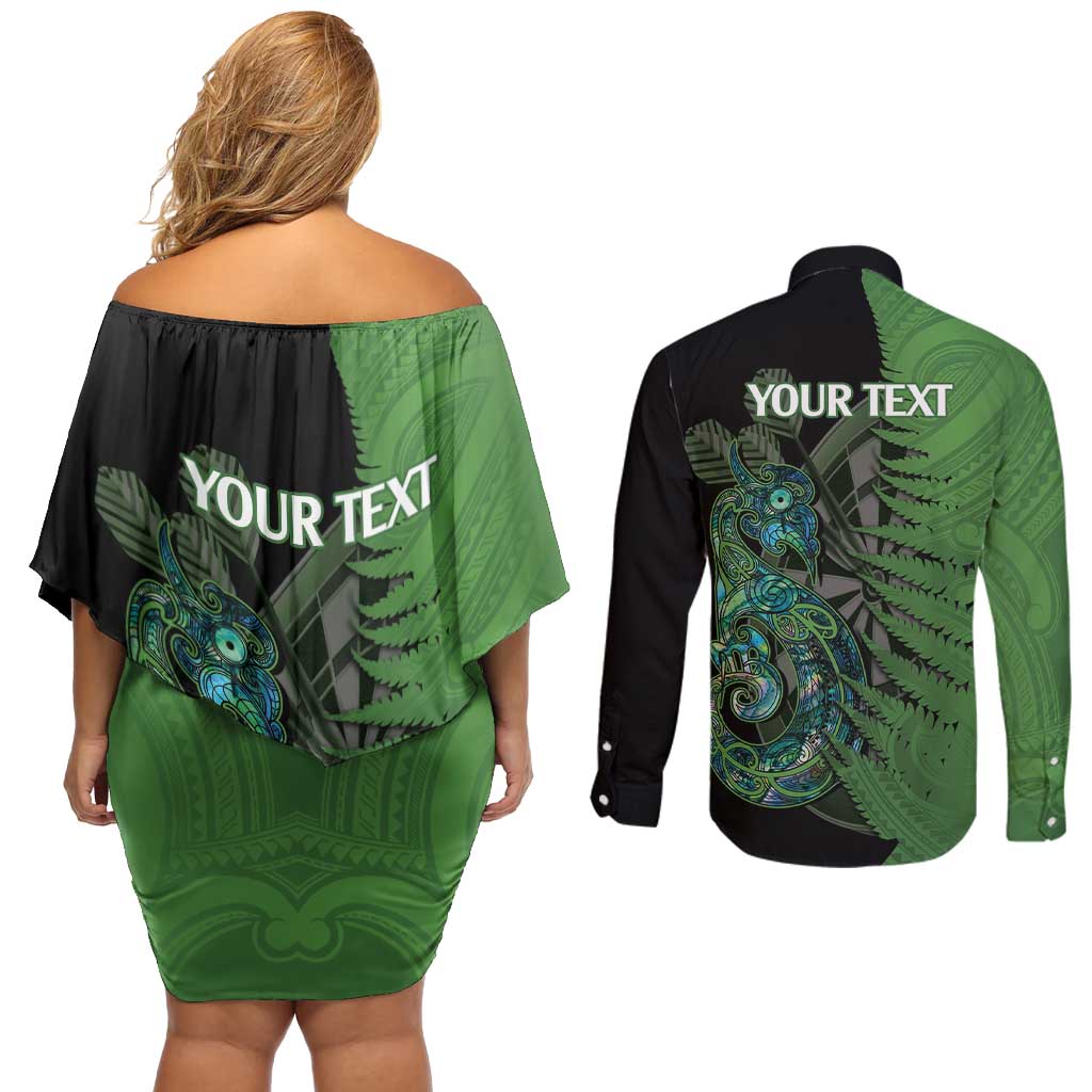 Personalised New Zealand Darts Couples Matching Off Shoulder Short Dress and Long Sleeve Button Shirt Aotearoa Maori Fern Mix Manaia Tattoo