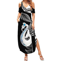 Personalised New Zealand Darts Family Matching Summer Maxi Dress and Hawaiian Shirt Aotearoa Fern Mix Paua Shell Manaia - Black