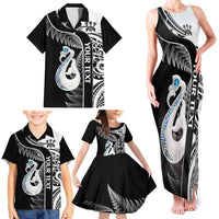 Personalised New Zealand Darts Family Matching Tank Maxi Dress and Hawaiian Shirt Aotearoa Fern Mix Paua Shell Manaia - Black