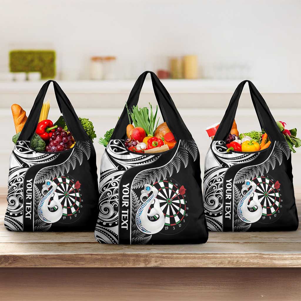 Personalised New Zealand Darts Grocery Bag Aotearoa Fern Mix Paua Shell Manaia - Black