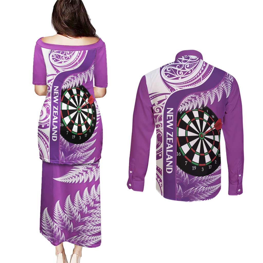 Personalised New Zealand Darts Couples Matching Puletasi and Long Sleeve Button Shirt Aotearoa Fern Mix Paua Shell Manaia - Purple