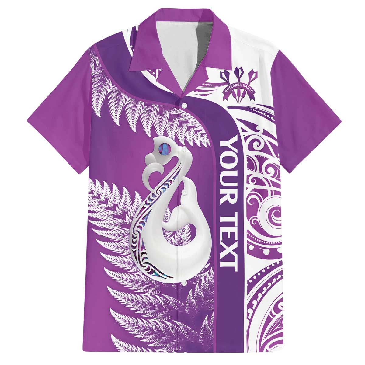 Personalised New Zealand Darts Family Matching Off The Shoulder Long Sleeve Dress and Hawaiian Shirt Aotearoa Fern Mix Paua Shell Manaia - Purple