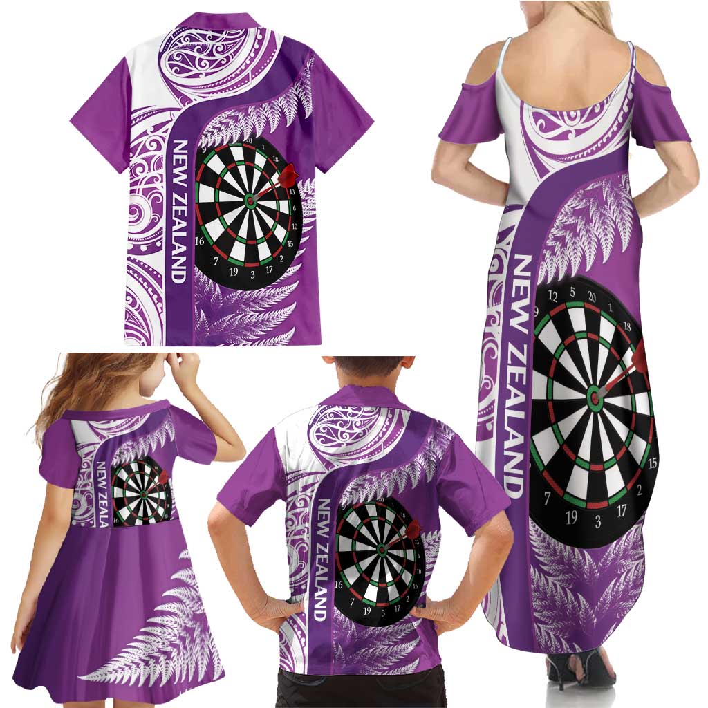 Personalised New Zealand Darts Family Matching Summer Maxi Dress and Hawaiian Shirt Aotearoa Fern Mix Paua Shell Manaia - Purple