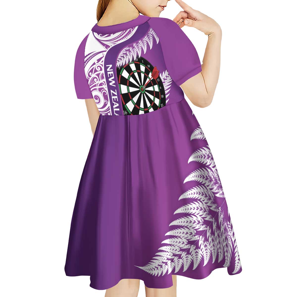 Personalised New Zealand Darts Kid Short Sleeve Dress Aotearoa Fern Mix Paua Shell Manaia - Purple